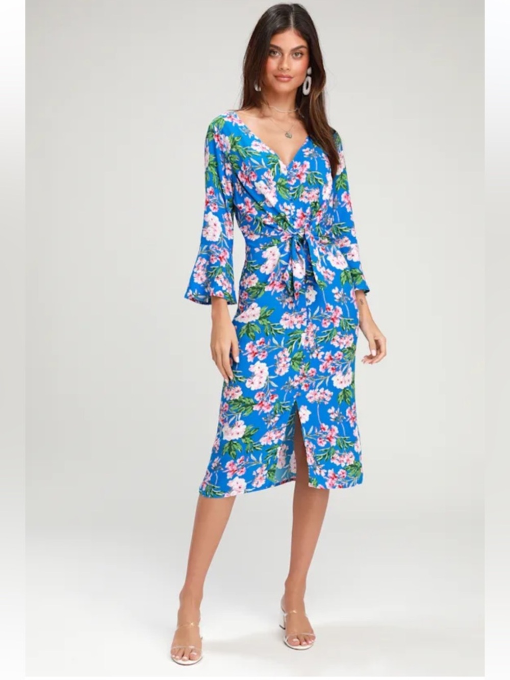 Lulus April Blue Floral Print Tying Button Front Midi Dress S